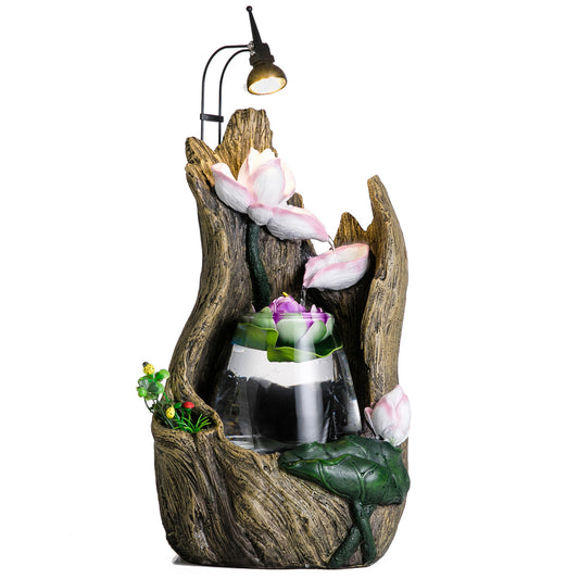 crapelles Tabletop Waterfall Fountain,Hollow Driftwood Resin Stump Lotus and Glass Fish Tank,Indoor Feng Shui Decor Yoga Zen Relax,Spring Cascading Water,Color Warm Blossom. A World in A Tree