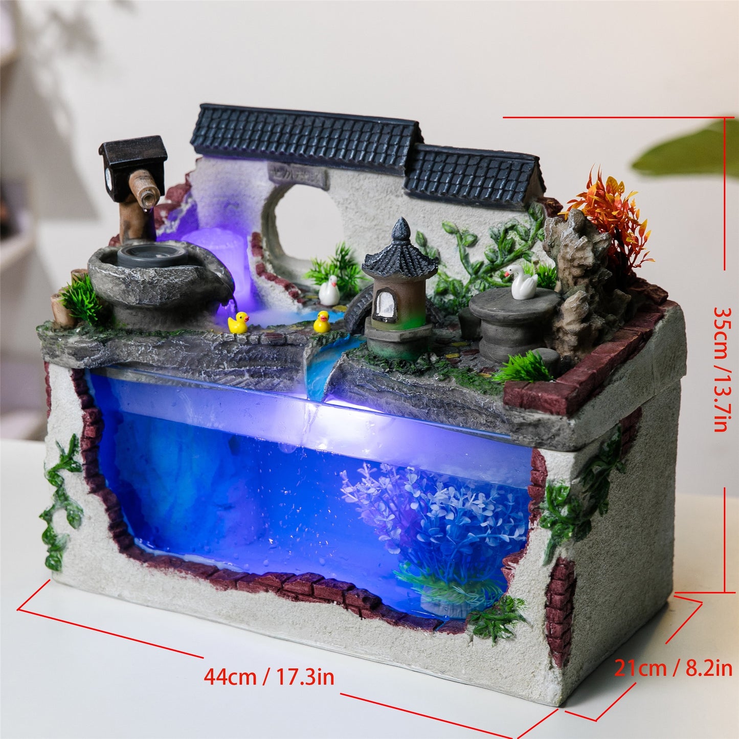 Asian Backyard Garden Fish Tank Aquarium Waterfall Fountain with Mill Fountain LED Light Pump