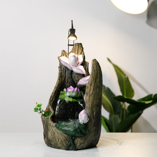 Tabletop Waterfall Fountain Stump Driftwood and Lotus Sculpture Style with Glass Tank and LED Light