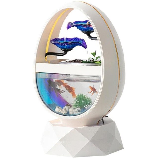 Egg Shape Lily Tabletop Waterfall Fountain Ceramic Base Glass Bloom and Tank with LED and Moist Maker